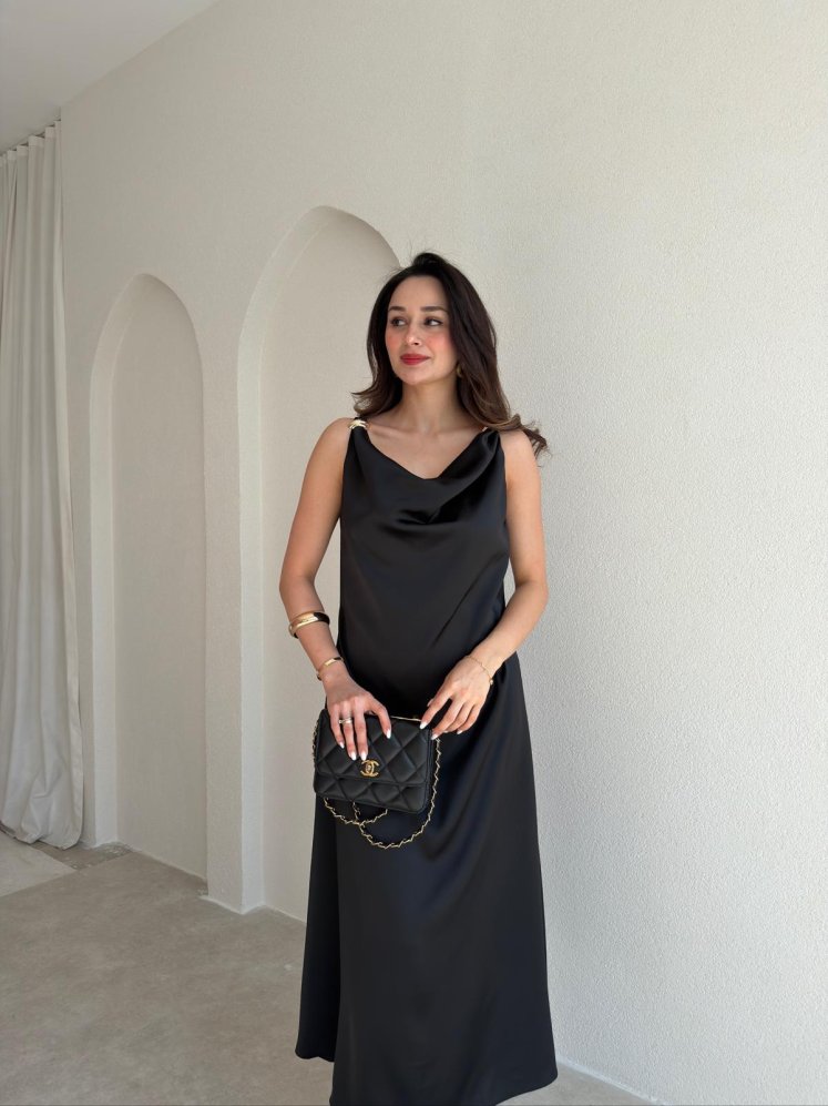 WALERY Omuz Tokalı Midi Elbise 9052 - Siyah - Mooi Butik
