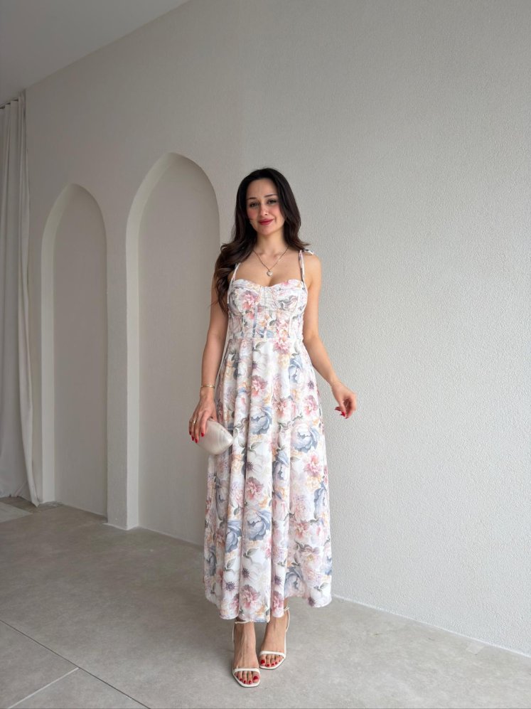 WARRİOR Çiçek Desenli Maxi Elbise 5481- Pudra - Mooi Butik