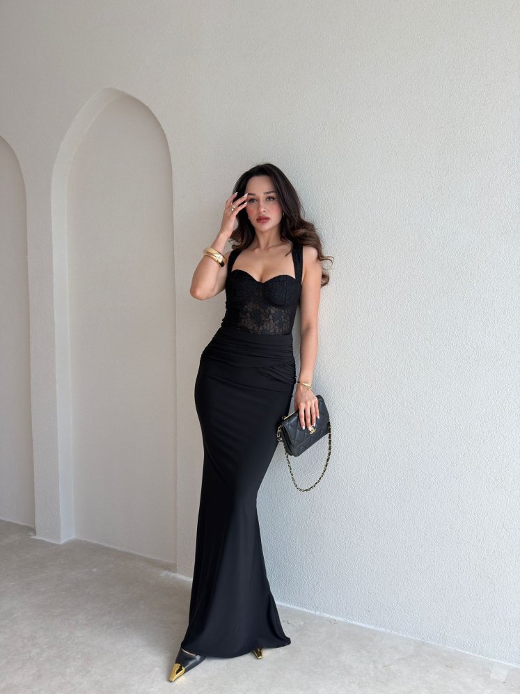 WESLEY Maxi Dantelli Elbise 9004 - Siyah - Mooi Butik