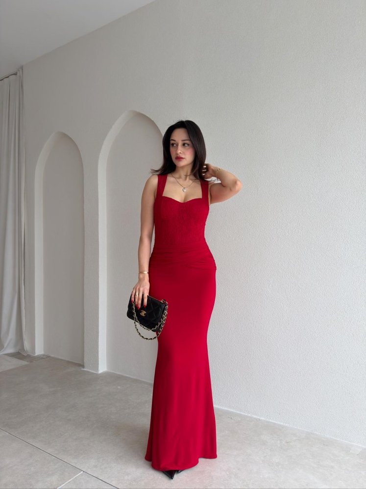 WESLEY Maxi Dantelli Elbise 9004 - Kırmızı - Mooi Butik