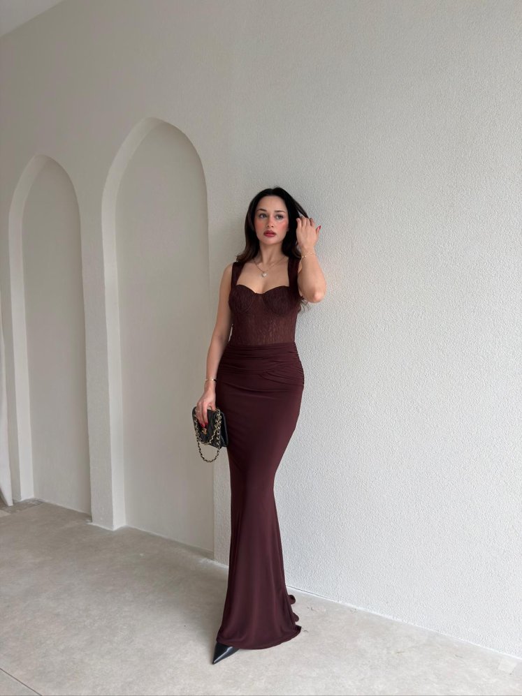 WESLEY Maxi Dantelli Elbise 9004 - Acı Kahve - Mooi Butik