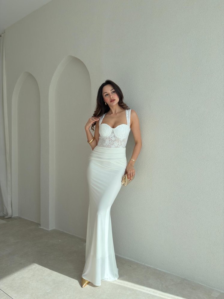 WESLEY Maxi Dantelli Elbise 9004 - Beyaz - Mooi Butik