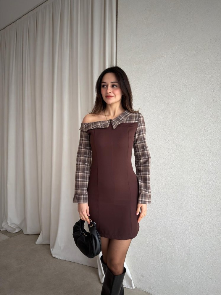WHİSPER Ekose Yakalı Elbise 8110 - Acı Kahve - Mooi Butik