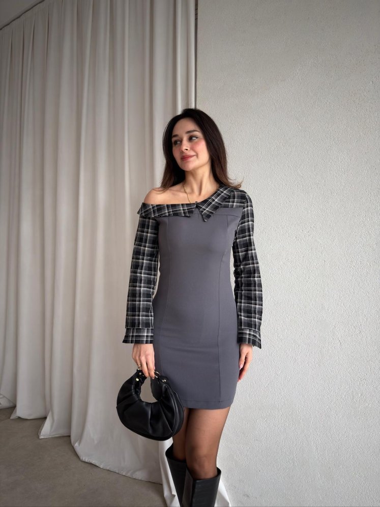 WHİSPER Ekose Yakalı Elbise 8110 - Füme - Mooi Butik