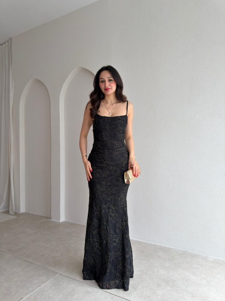 WİNX Simli Desenli Maxi Elbise 4218 - Siyah - Mooi Butik