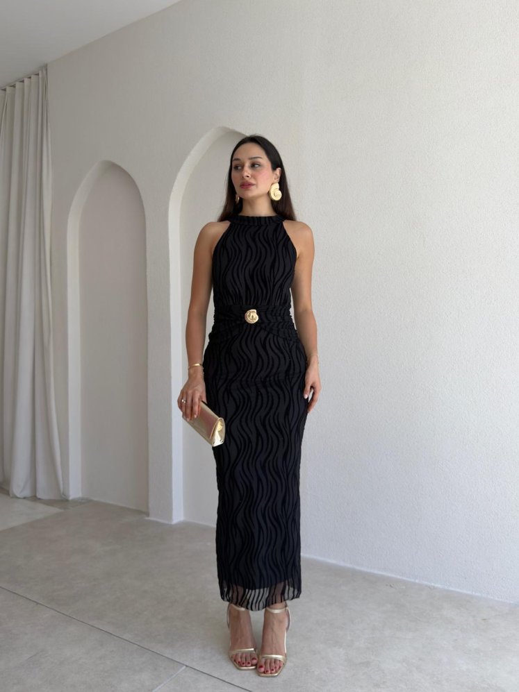 WİSTERİA Simli Midi Elbise 8959 - Siyah - Mooi Butik