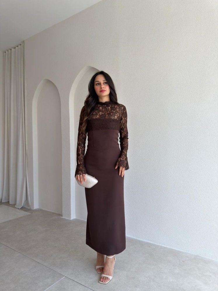 WOME Dantel Parçalı Midi Elbise 3042 - Acı Kahve - Mooi Butik