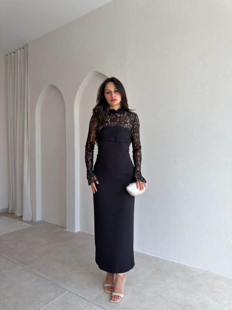 WOME Dantel Parçalı Midi Elbise 3042 - Siyah - Mooi Butik