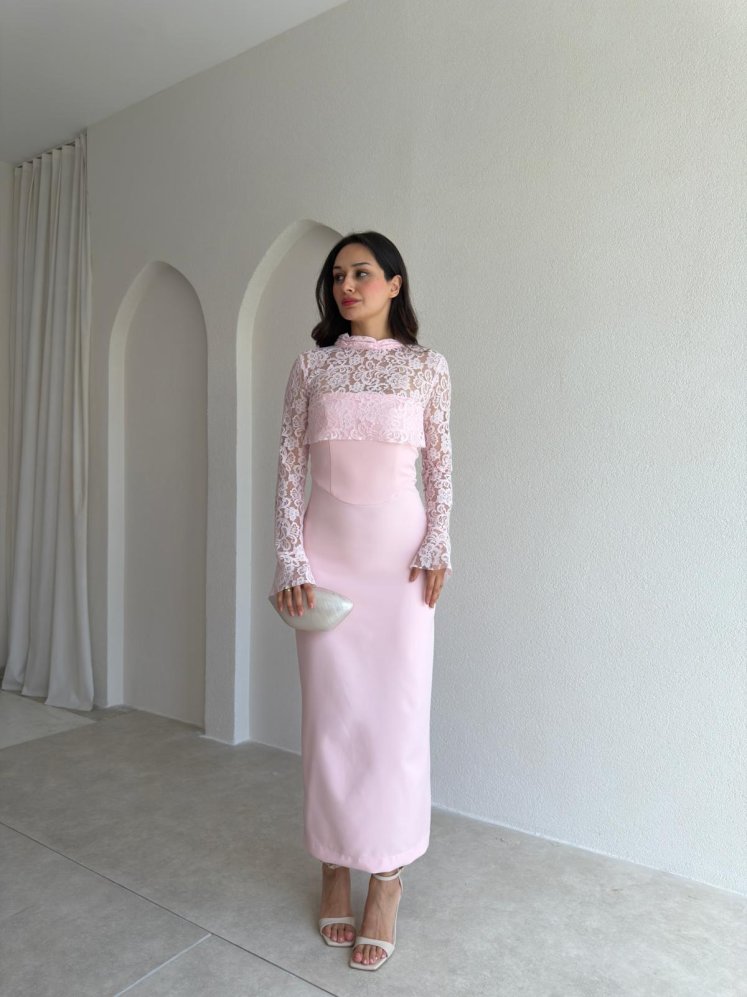 WOME Dantel Parçalı Midi Elbise 3042 - Pudra - Mooi Butik
