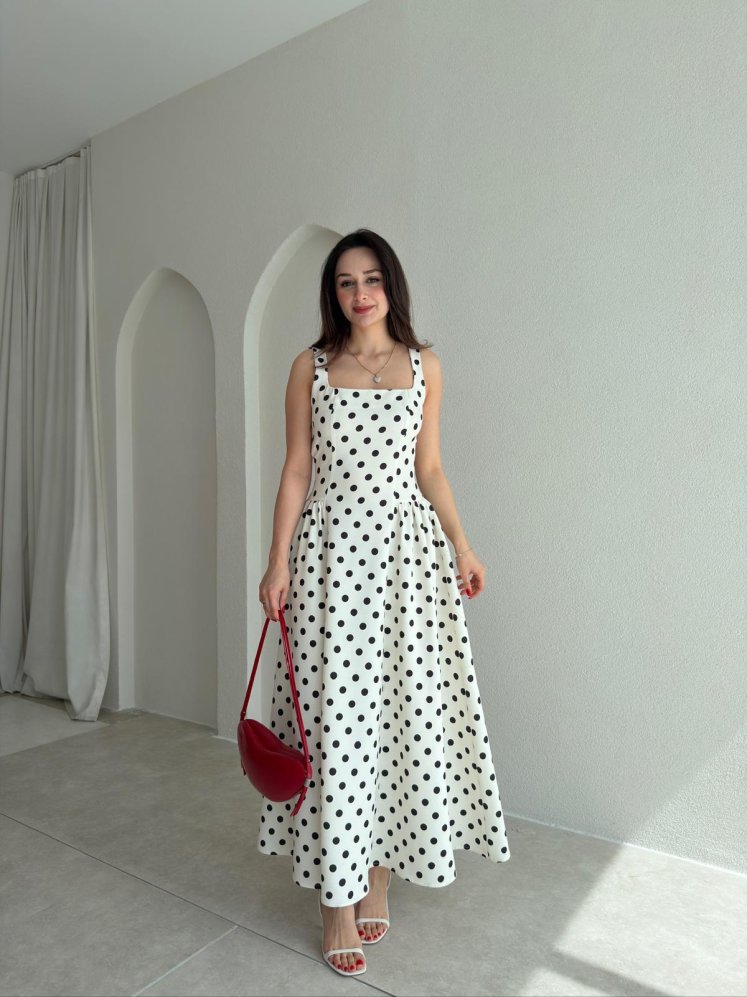 WOOD Puantiyeli Maxi Elbise 9009 - Beyaz - Mooi Butik