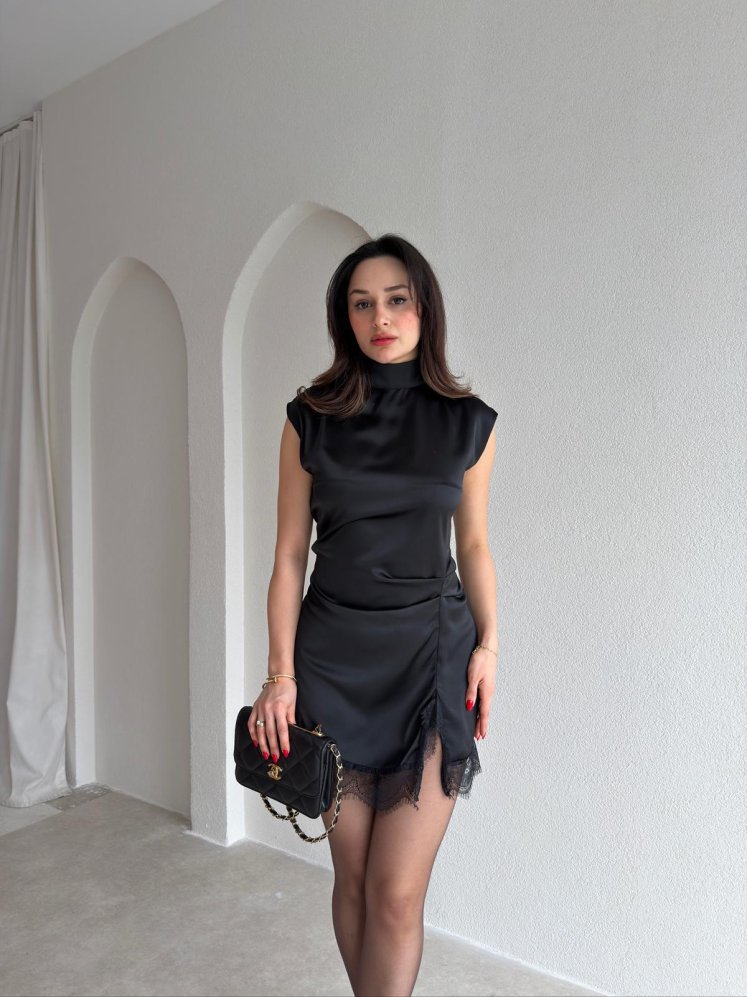 WORLD Saten Mini Elbise 5382 - Siyah - Mooi Butik