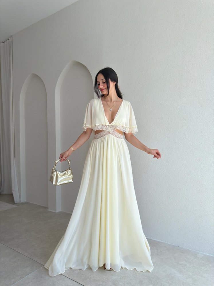 YADEL Bel Detaylı Maxi Elbise 3738 - Sarı - Mooi Butik