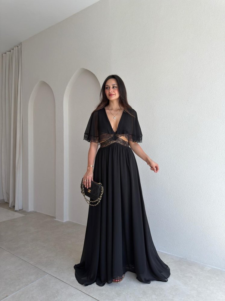YADEL Bel Detaylı Maxi Elbise 3738 - Siyah - Mooi Butik