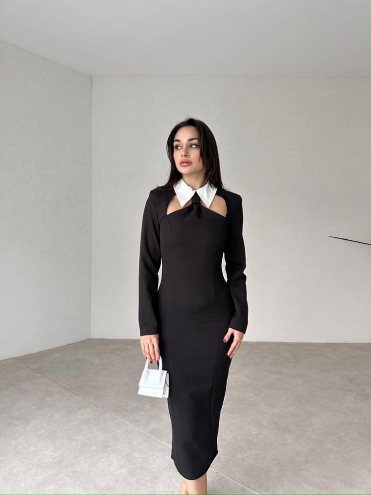 Yaka Detaylı Midi FERRY Elbise 0844 - Mooi Butik