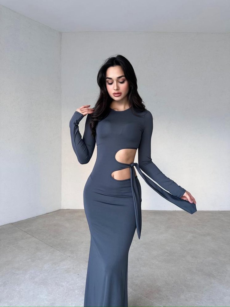 Yan Dekolteli Maxi BRANKA Elbise 3010 - Antrasit - Mooi Butik