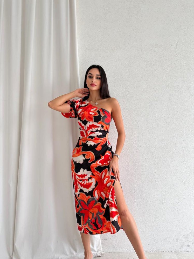 Yan Dekolteli Midi NORA Elbise 9839 - Turuncu - Mooi Butik