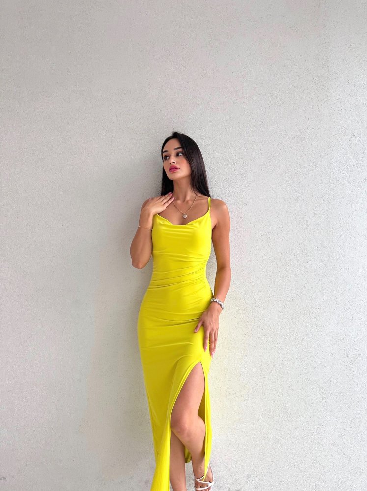 Yan Yırtmaç Detaylı Midi STEW Elbise 4292 - Sarı - Mooi Butik