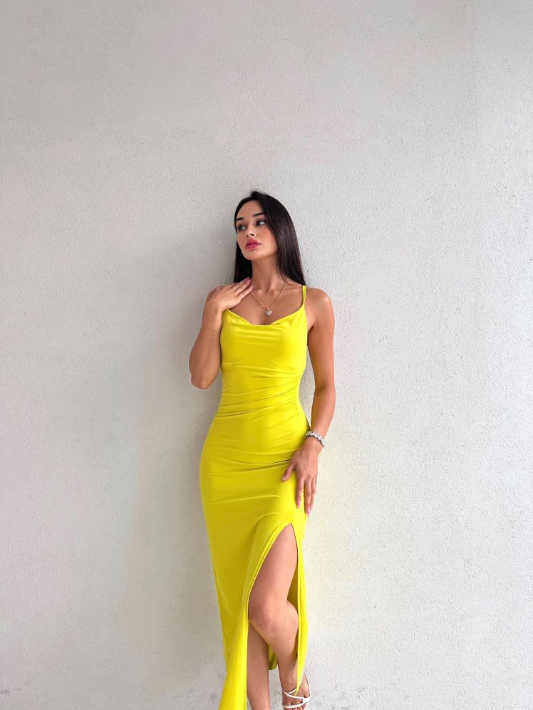 Yan Yırtmaç Detaylı Midi STEW Elbise 4292 - Sarı - Mooi Butik