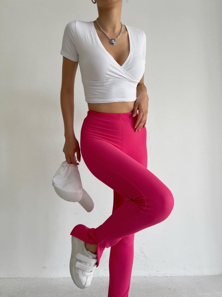 Yan Yırtmaçlı Yüksek Bel Jesse Tayt 9553 - Fuşya - Mooi Butik