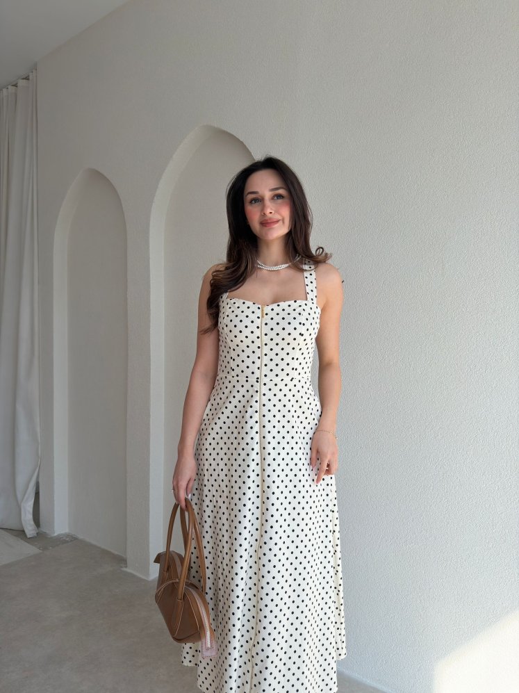 YEDLİN Puantiyeli Midi Elbise 9075 - Krem Rengi - Mooi Butik