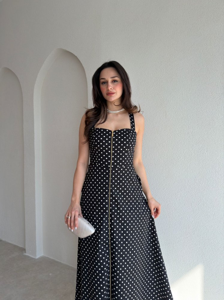 YEDLİN Puantiyeli Midi Elbise 9075 - Siyah - Mooi Butik