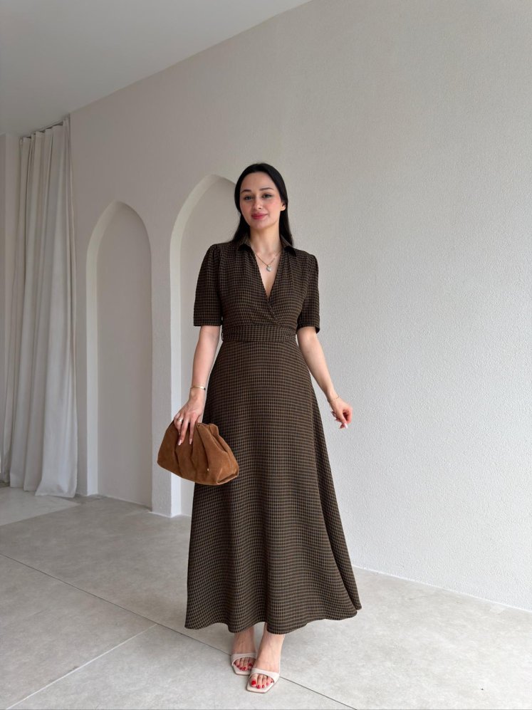 YOLANTE Kareli Midi Elbise 5506 - Acı Kahve - Mooi Butik