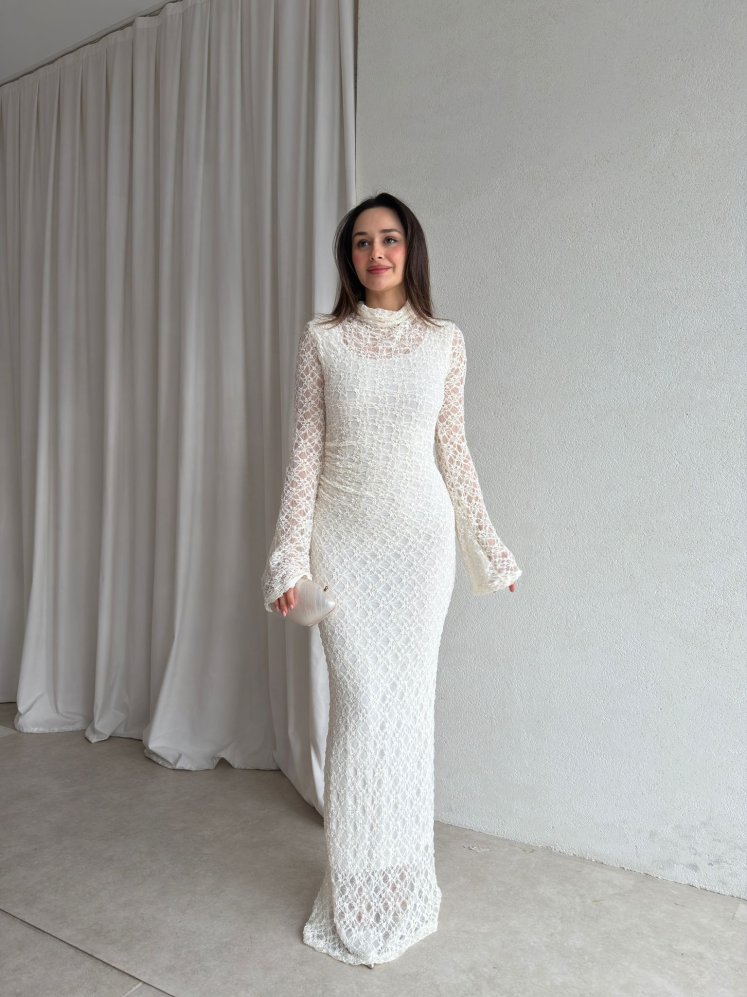 YORYO Dantelli Elbise 8221 - Beyaz - Mooi Butik