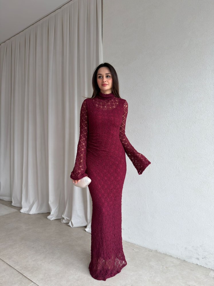 YORYO Dantelli Elbise 8221 - Bordo - Mooi Butik