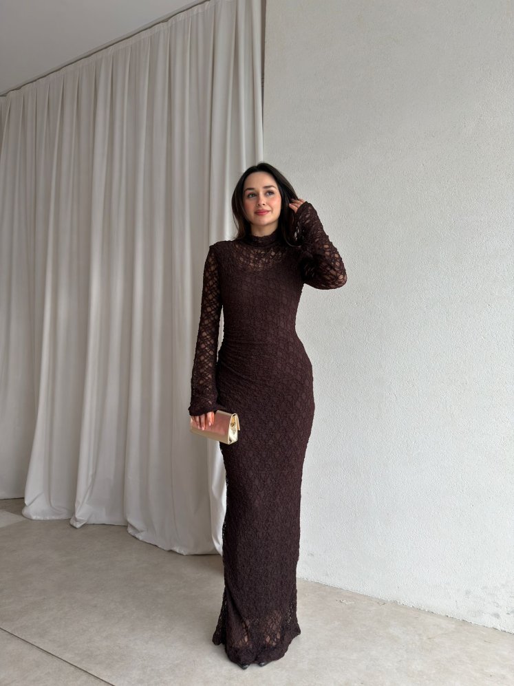 YORYO Dantelli Elbise 8221 - Acı Kahve - Mooi Butik