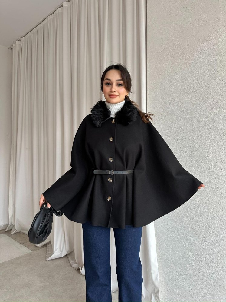 ZANGER Kürklü Panço 8550 - Siyah - Mooi Butik