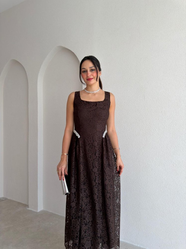 ZENİT Bel Detaylı Maxi Elbise 4025 - Acı Kahve - Mooi Butik
