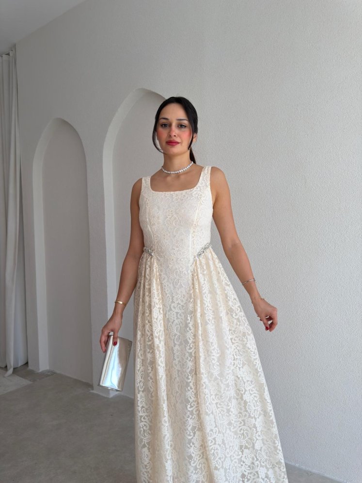 ZENİT Bel Detaylı Maxi Elbise 4025 - Ekru - Mooi Butik