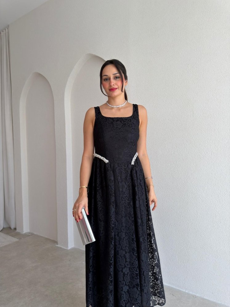 ZENİT Bel Detaylı Maxi Elbise 4025 - Siyah - Mooi Butik