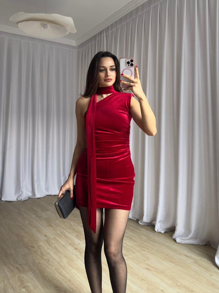 ZEYA Kadife Mini Elbise 8233 - Kırmızı - Mooi Butik