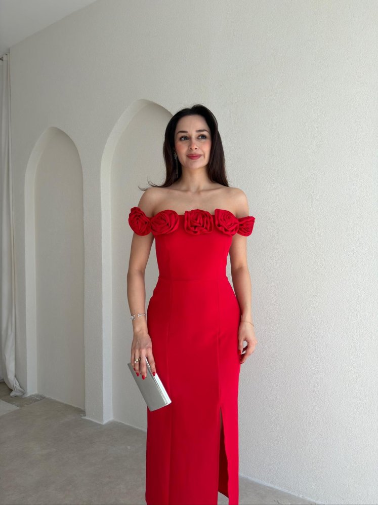 ZİLEY Gül Detaylı Midi Elbise 8117 - Kırmızı - Mooi Butik
