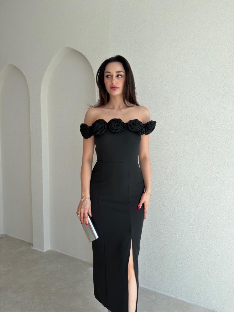 ZİLEY Gül Detaylı Midi Elbise 8117 - Siyah - Mooi Butik