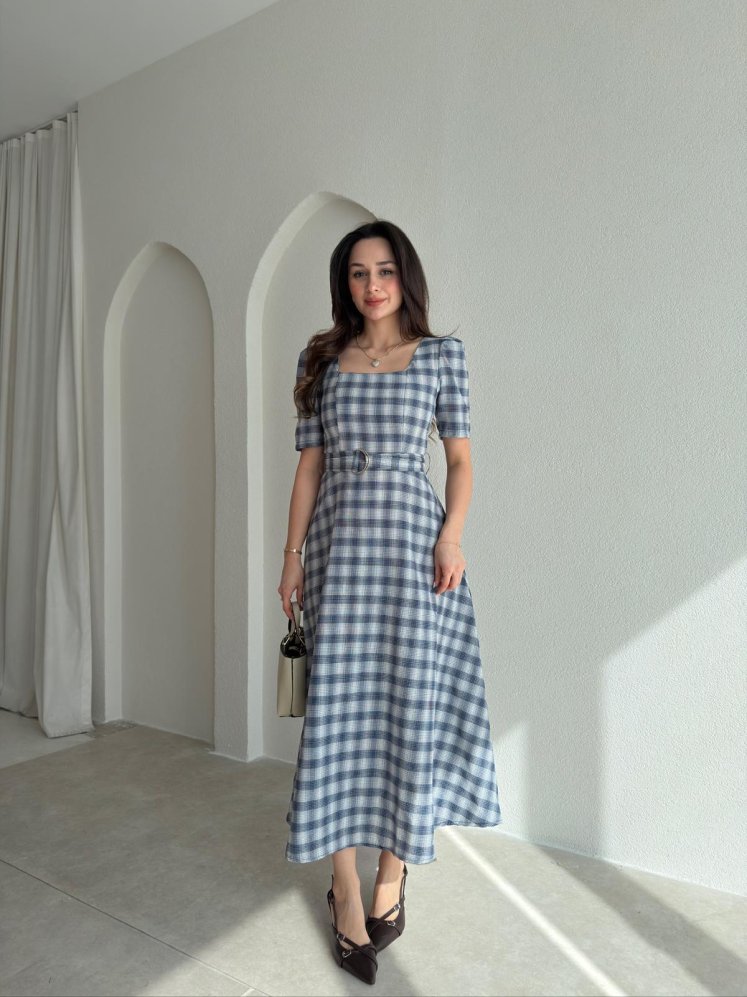 ZONA Ekoseli Midi Elbise 0483 - Gri - Mooi Butik