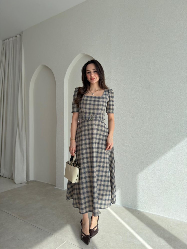 ZONA Ekoseli Midi Elbise 0483 - Acı Kahve - Mooi Butik