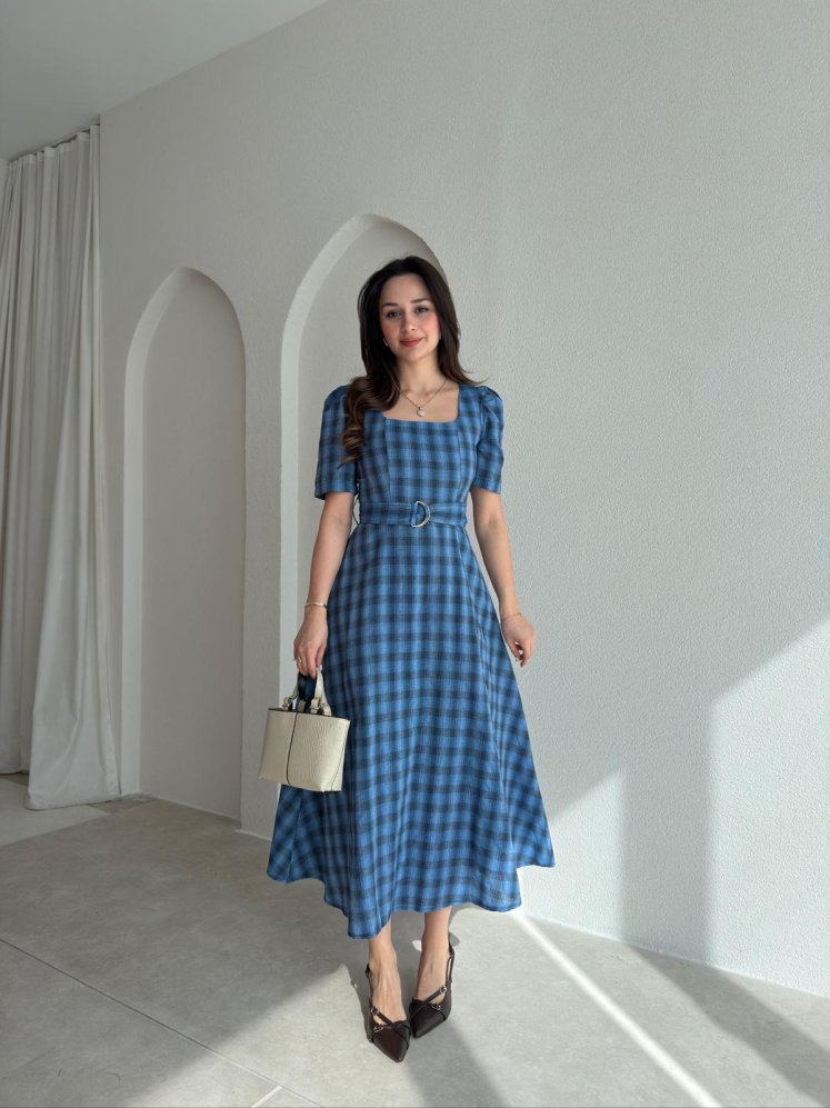 ZONA Ekoseli Midi Elbise 0483 - Mavi - Mooi Butik