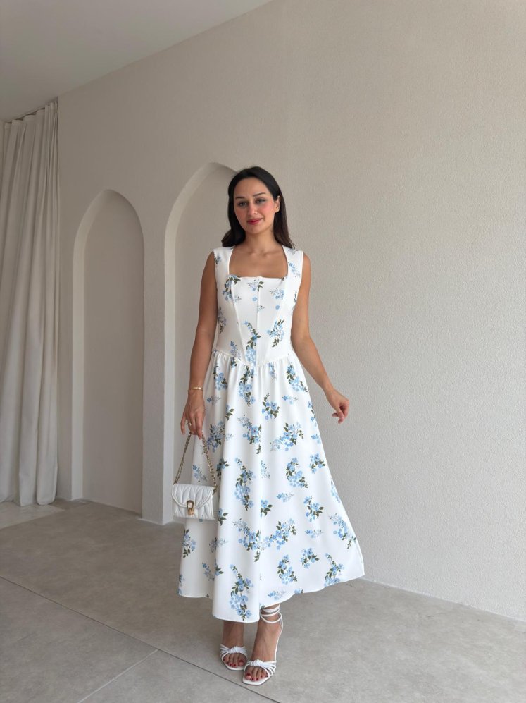ZOYA Çiçek Desenli Midi Elbise 3701 - Mavi - Mooi Butik